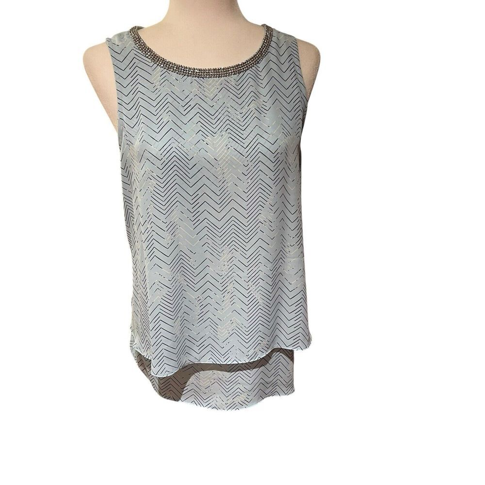 Juicy Couture Top Size Lโ Rhinestone Embellished Ice Blue Geo Layered Sleeveless